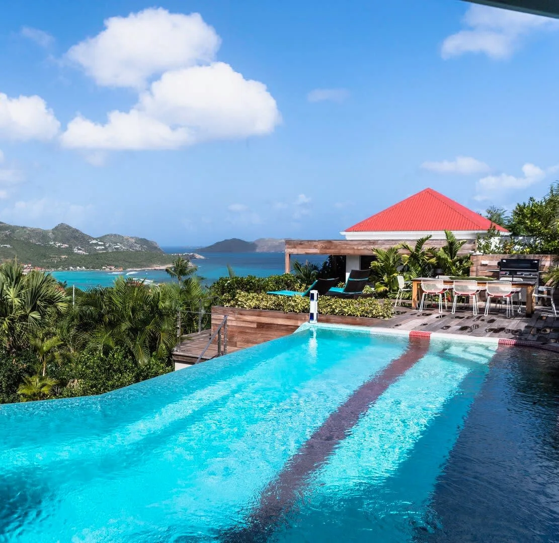 Luxe Wine Red Villa with Panoramic Sea Views