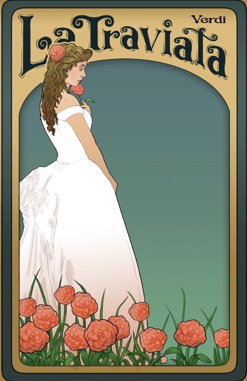 An Art Nouveau poster for Verdi’s La Traviata, Violetta in a white gown among camellias